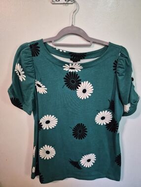 Ann Taylor Teal Floral Puff-Sleeve Tee